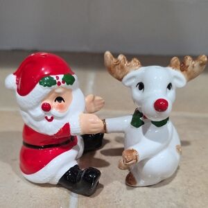 Fitz and Floyd Santa and Reindeer Salt and Pepper Shakers - Red, White, Brown